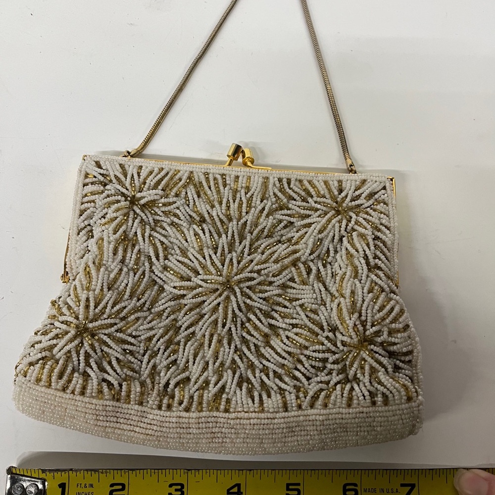 Vintage French handmade White Beaded Clutch with Gold Floral Burst - Picture 8 of 9